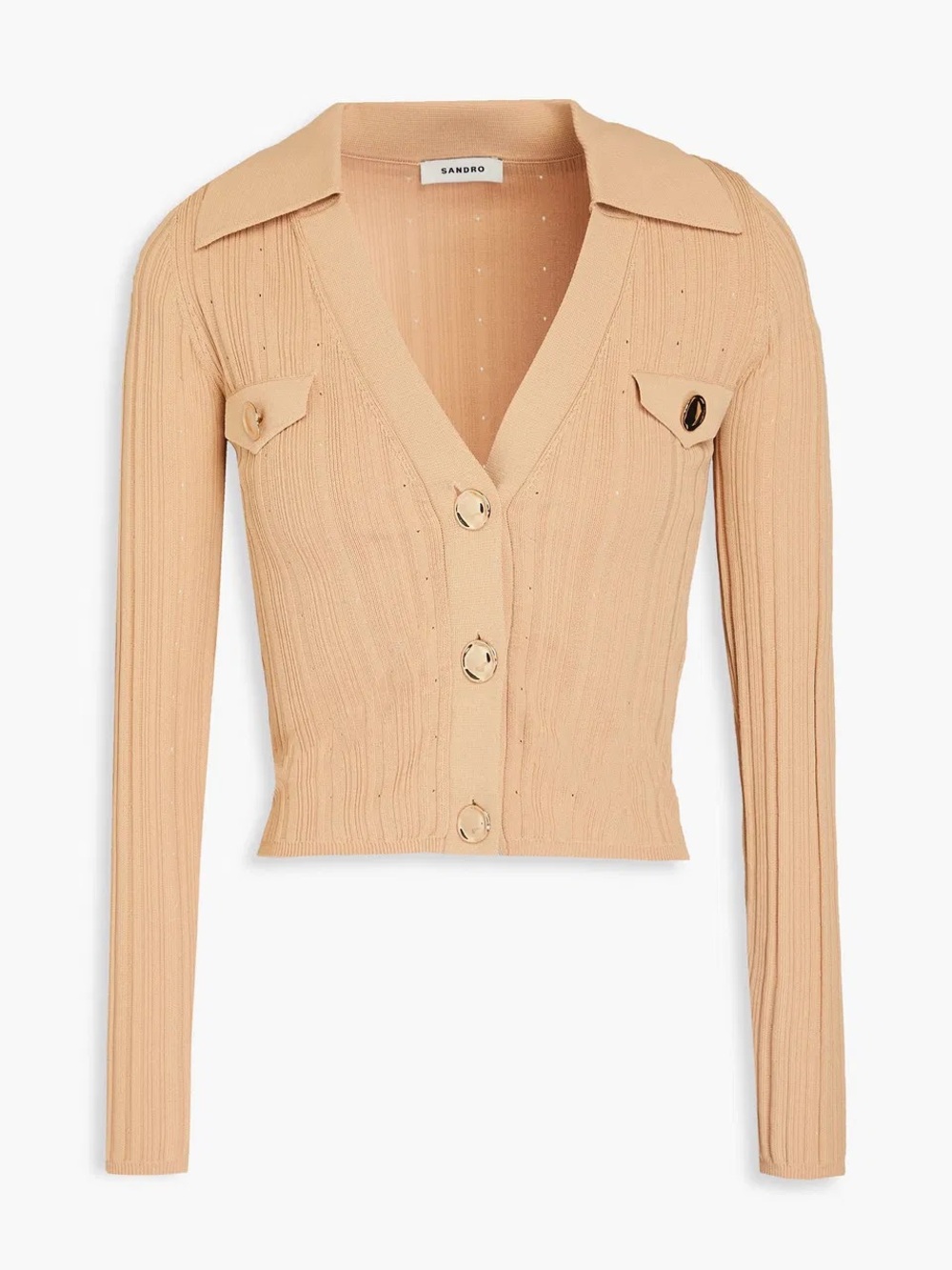 Sandro Paris || Hind Rib-Knit Cropped Pointelle Cardigan Tan Size 3 / US 8 / L